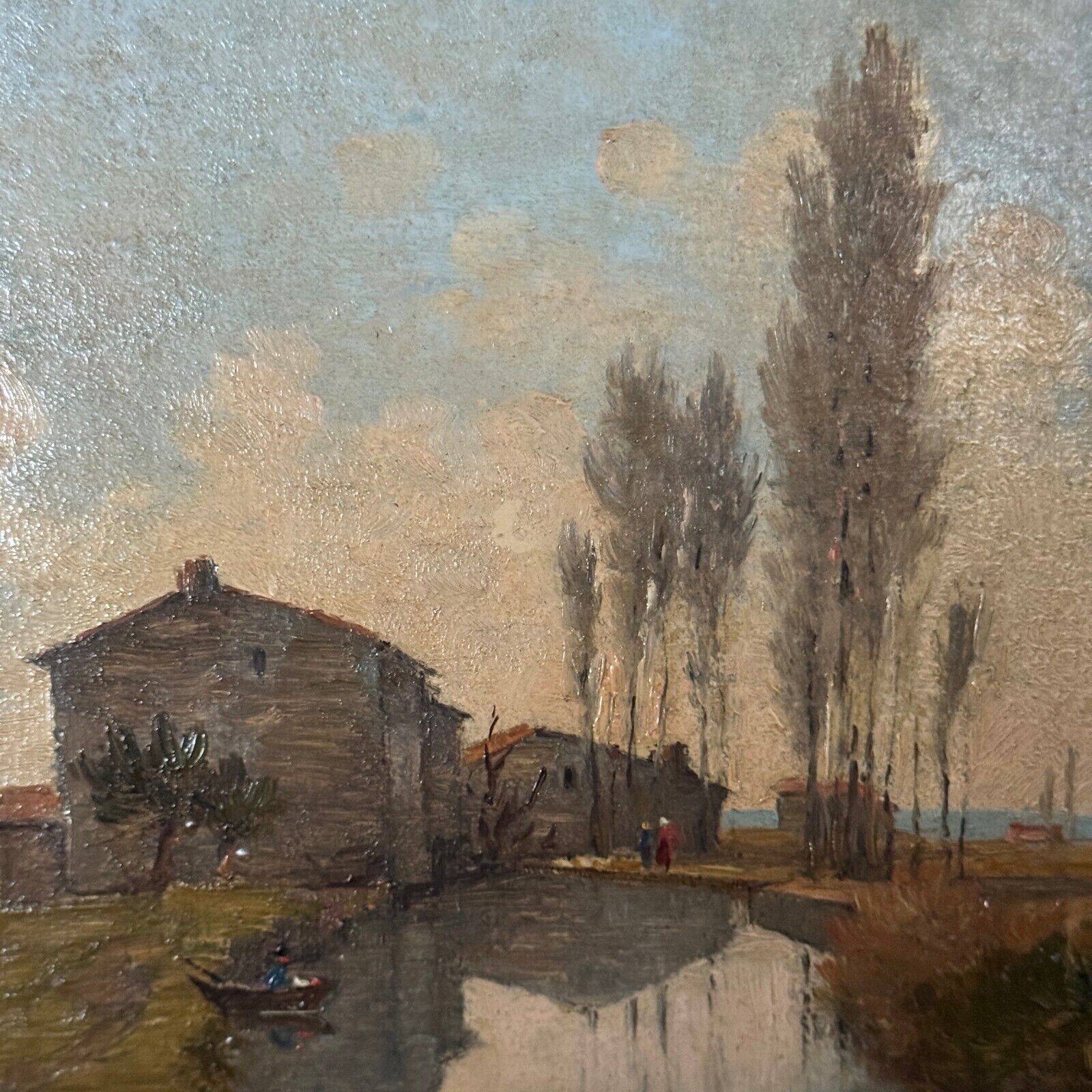 Oil on cardboard by Paul Faugier riverside landscape with poplars