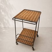 Vintage rolling dessert trolley in rattan and black metal – 1950s/60s