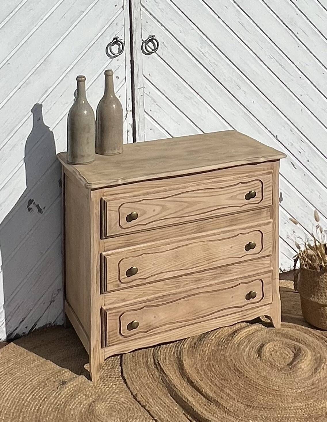 Antique chest of drawers in raw oak with 3 drawers - compass feet