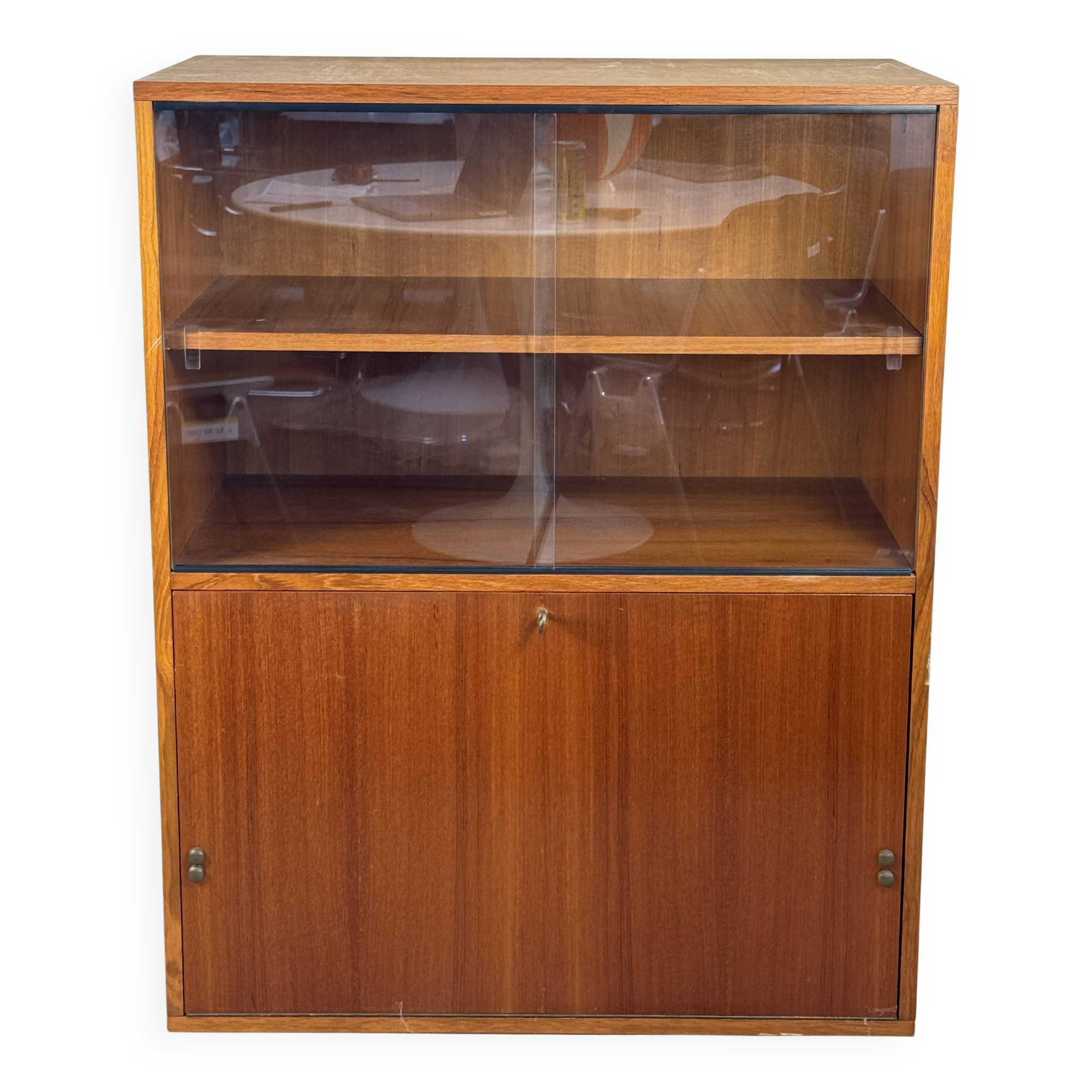 Teak furniture — sliding display cabinet + drop-down door
