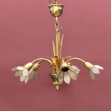 Vintage chandelier in gold metal and mother-of-pearl petals - 5 branches
