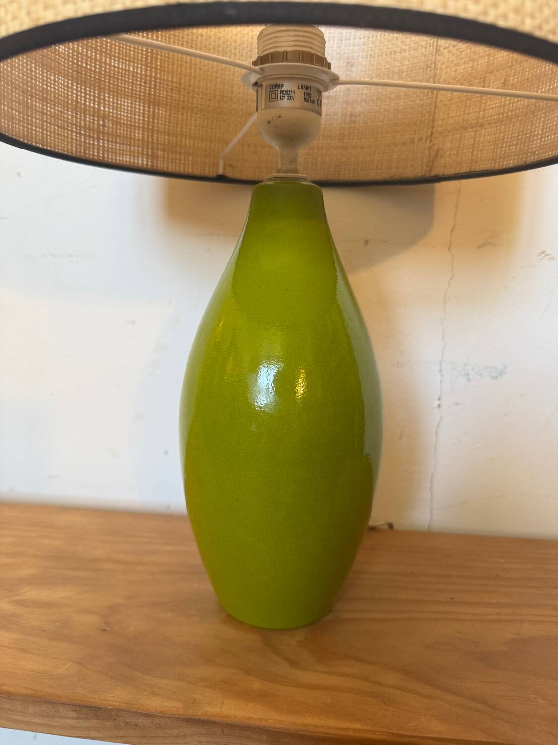 Vintage green glazed ceramic lamp and cane shade
