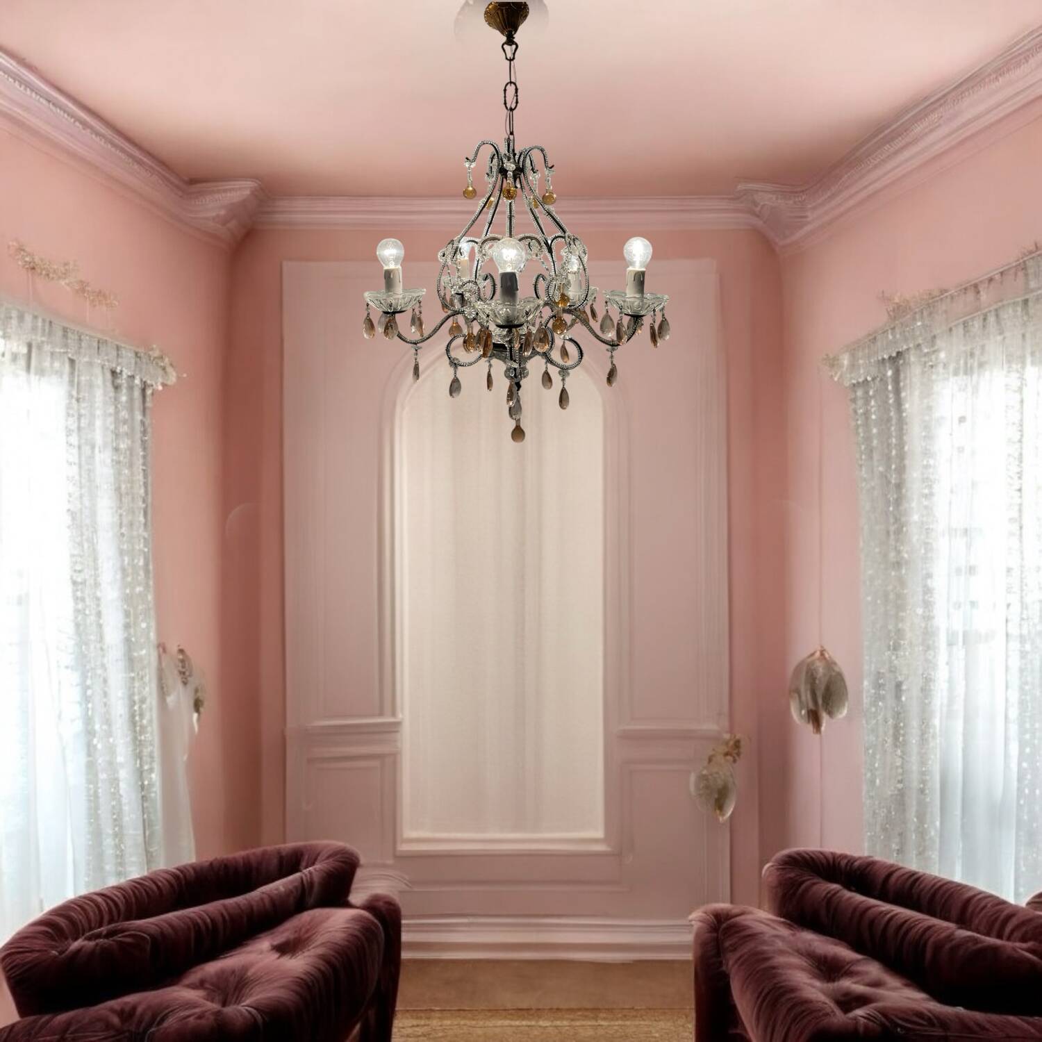 Pink Murano Glass Crystal Beaded Chandelier 1960’s