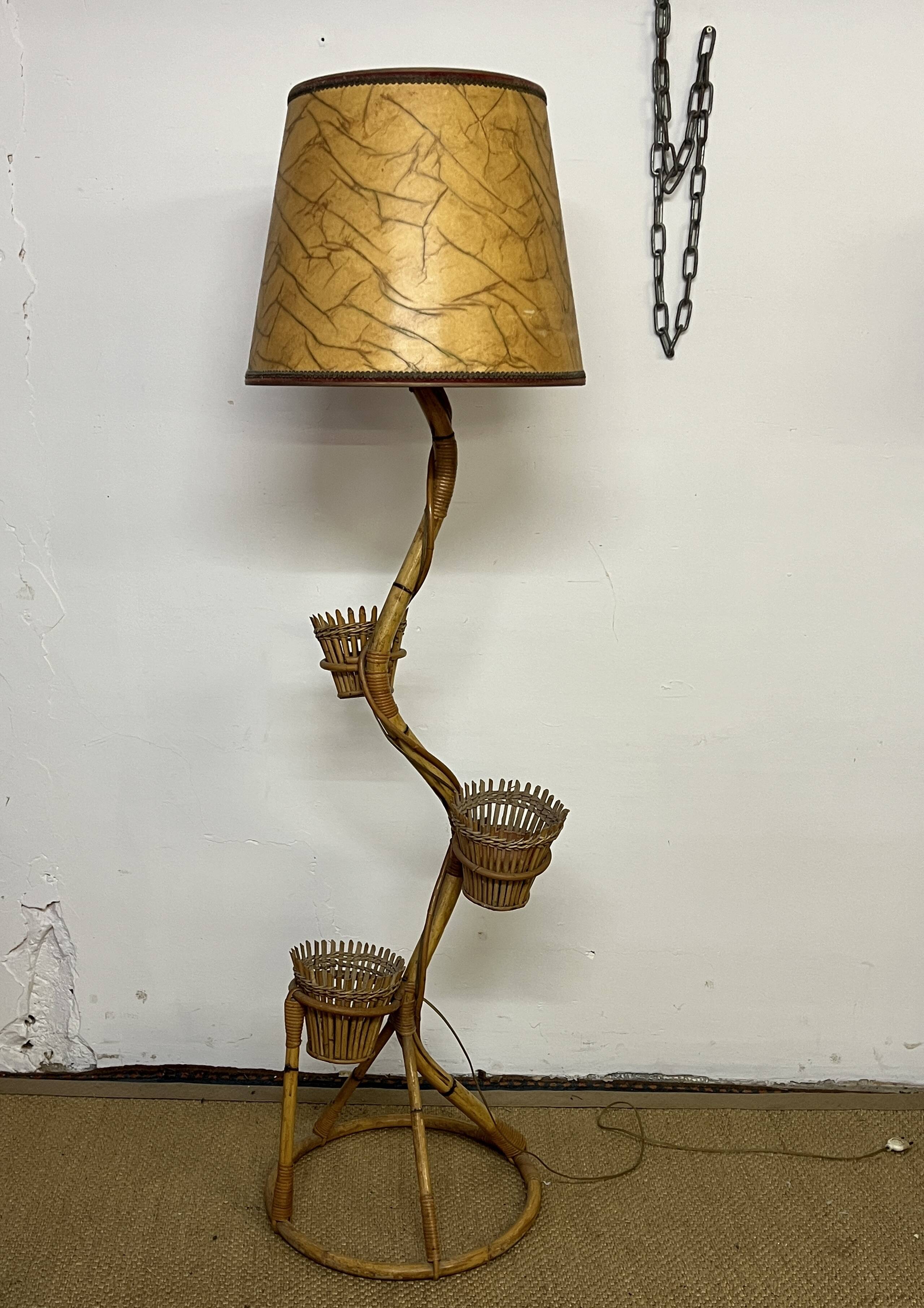 Rattan and bamboo plant holder floor lamp from the 70s