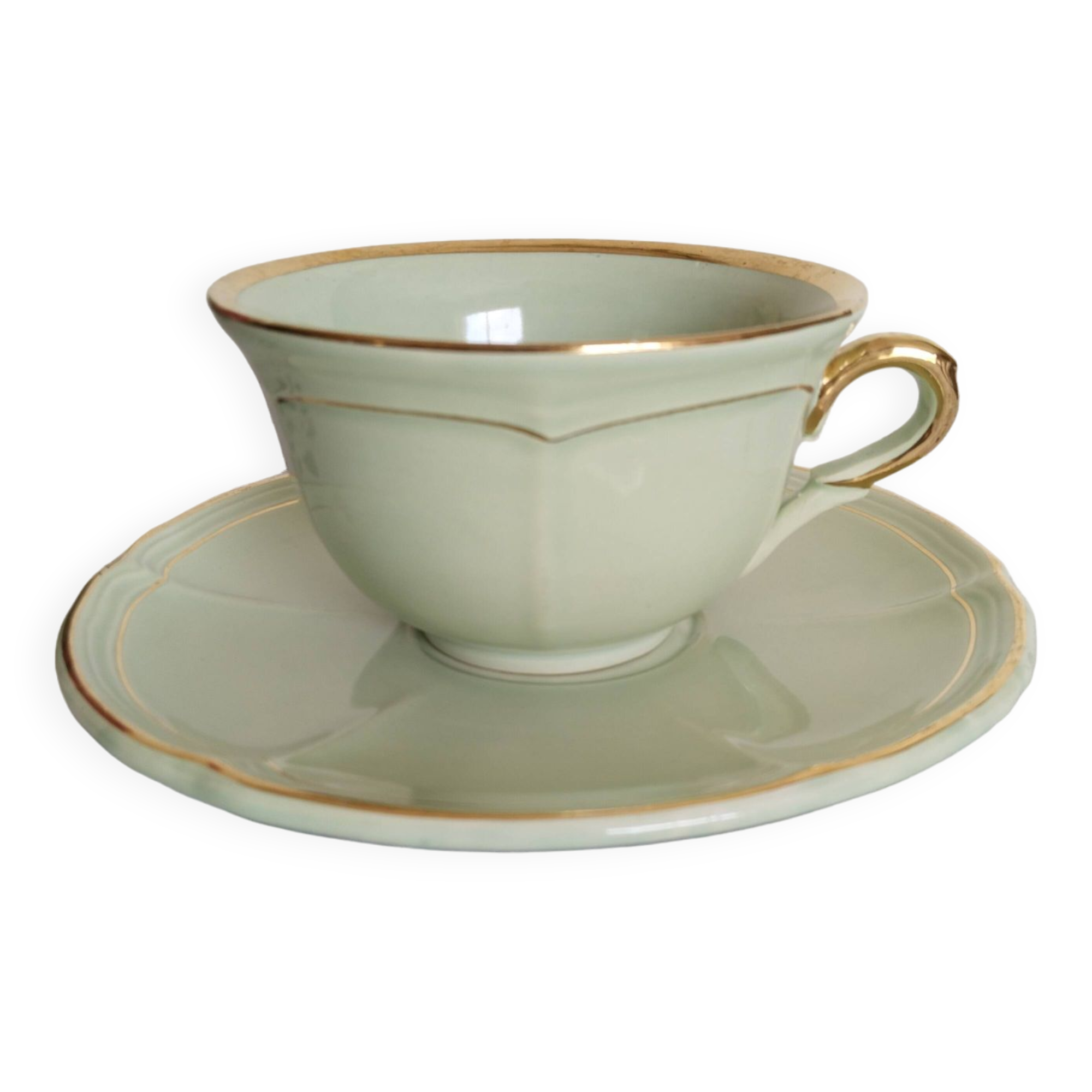 Green and gold tea cup, Villeroy and Boch style, vintage, 1950s
