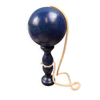 Antique navy blue wooden cup-and-ball toy – Vintage skill toy