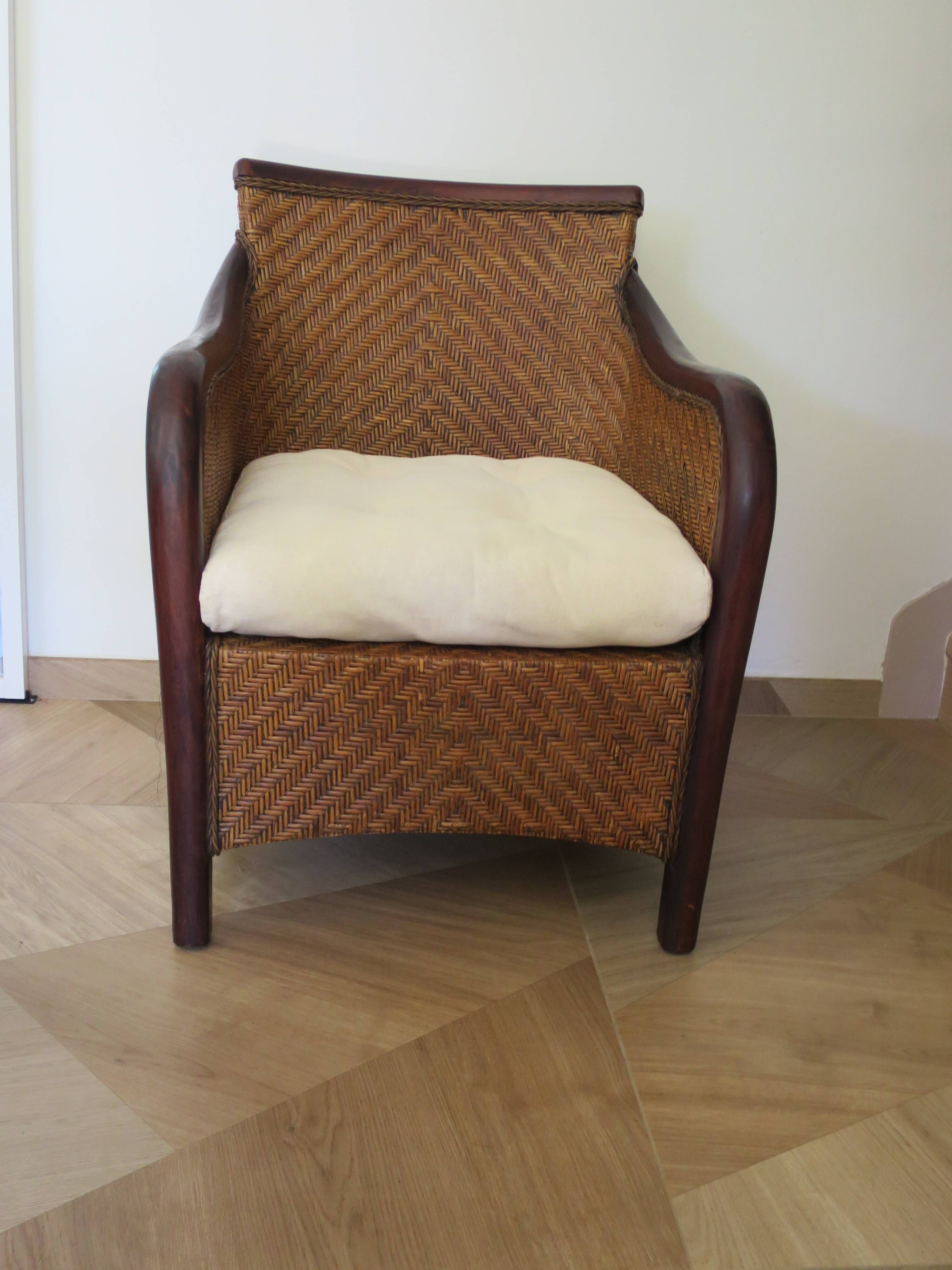 Colonial style armchair - woven rattan and exotic wood - vintage