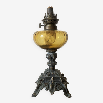 Pied de lampe à pétrole 1900 en métal et verre