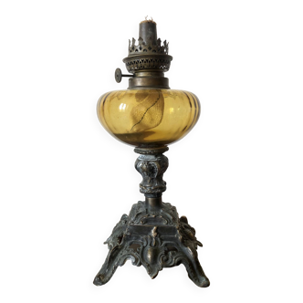 Pied de lampe à pétrole 1900 en métal et verre