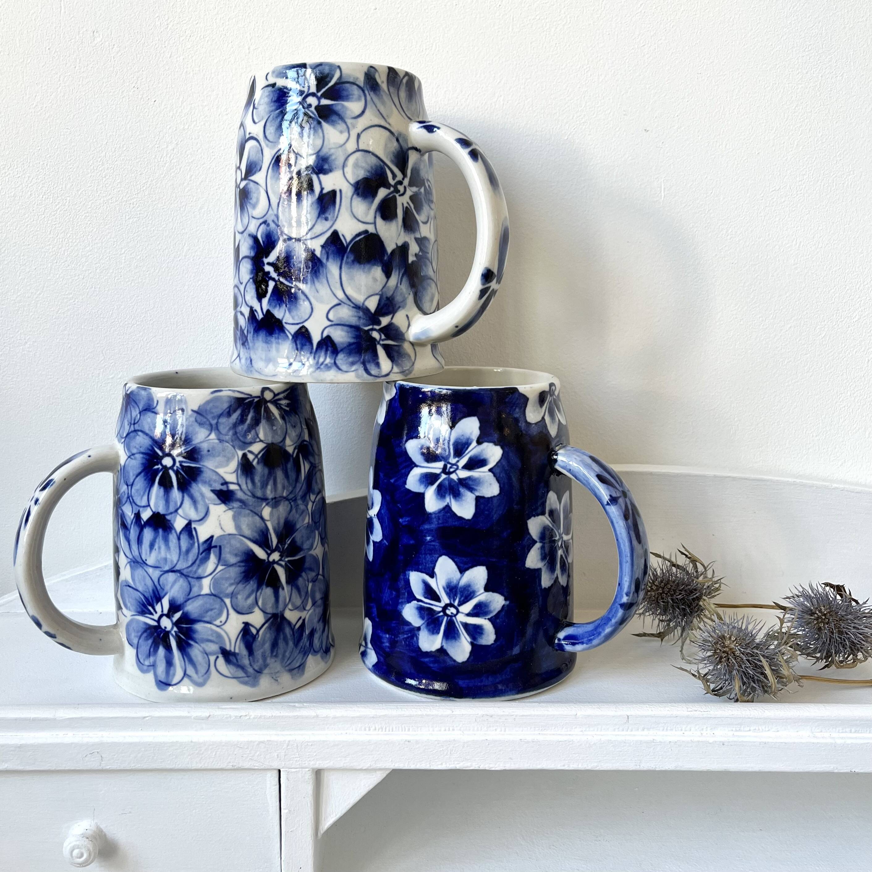 Blue flowered mugs or large tankards