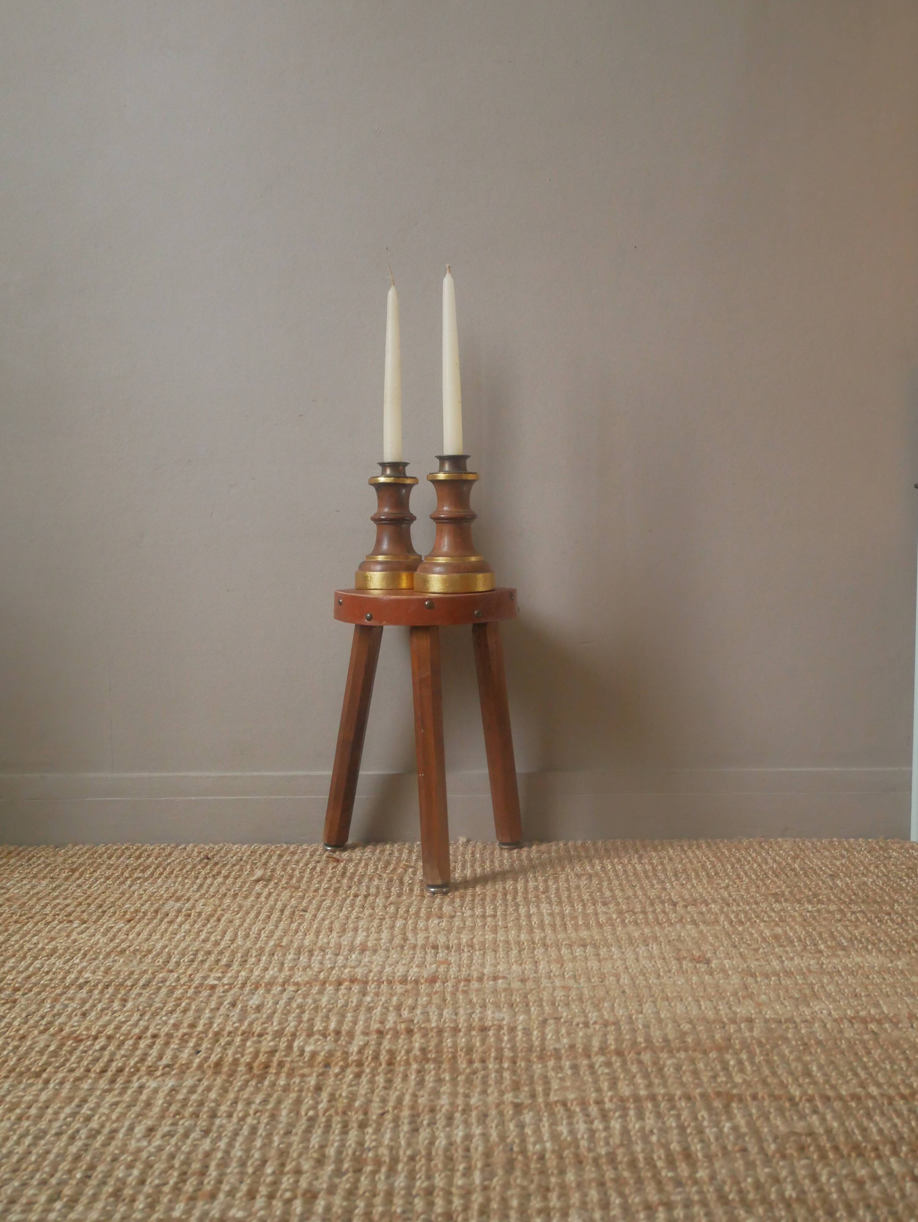 Pair of candlesticks candlesticks wood metal golden brass country decoration handcrafted