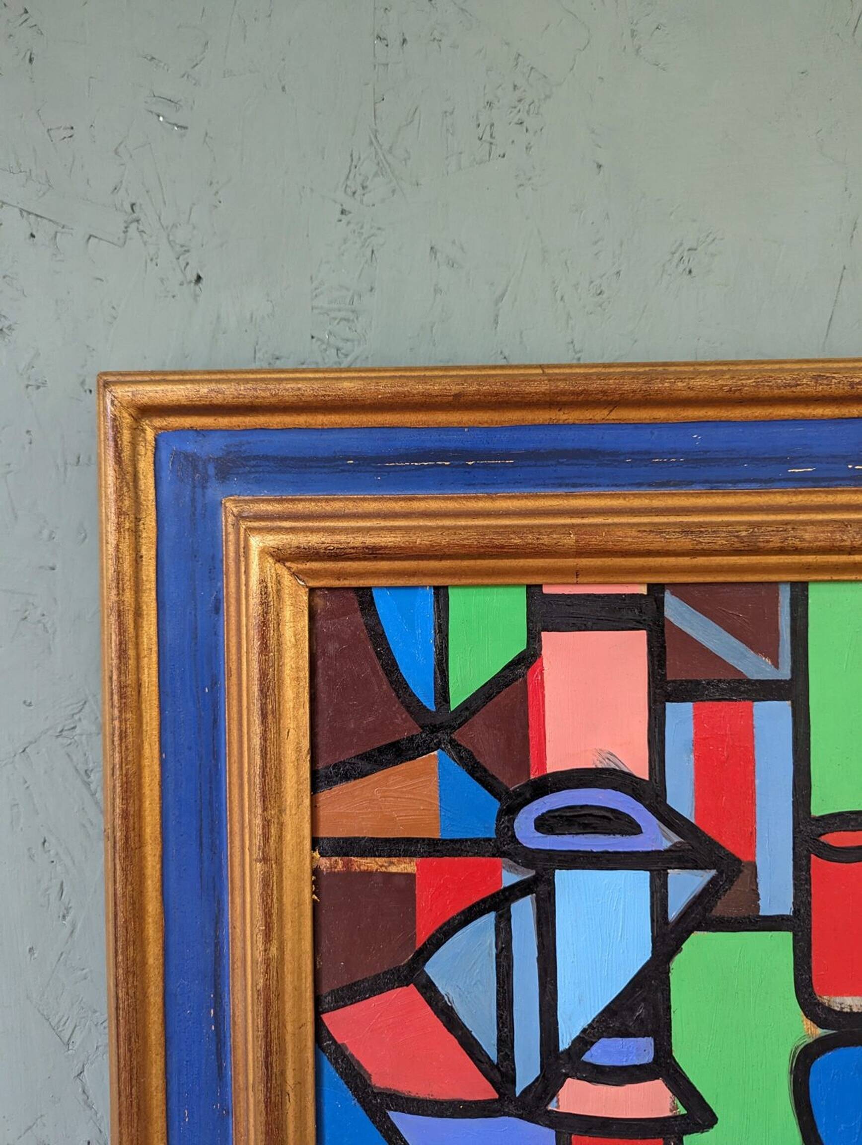 Mid-Century Modern "Geometric Still Life" Vintage Swedish Cubist Still Life Oil Painting, Framed