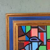 Mid-Century Modern "Geometric Still Life" Vintage Swedish Cubist Still Life Oil Painting, Framed