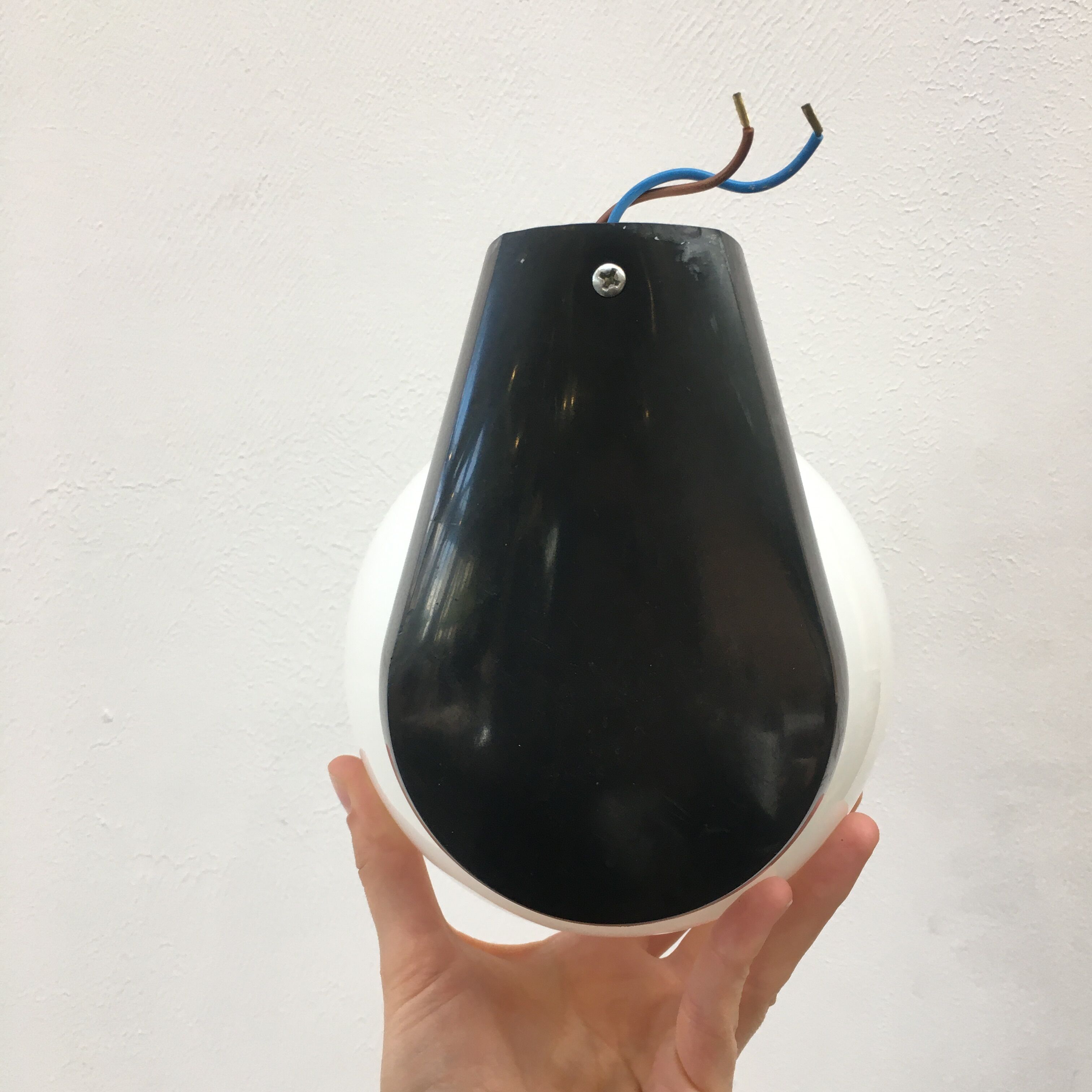 Vintage wall lamp black plastic base and opaline globe