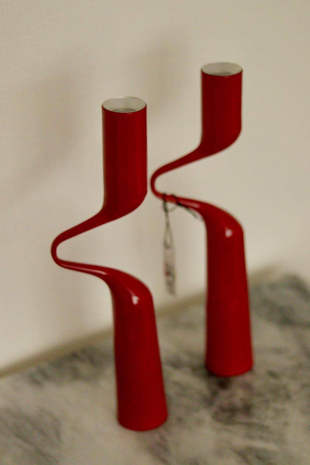 Pair of vintage red metal candleholders by Mikaela Dorfman for Menu Denmark