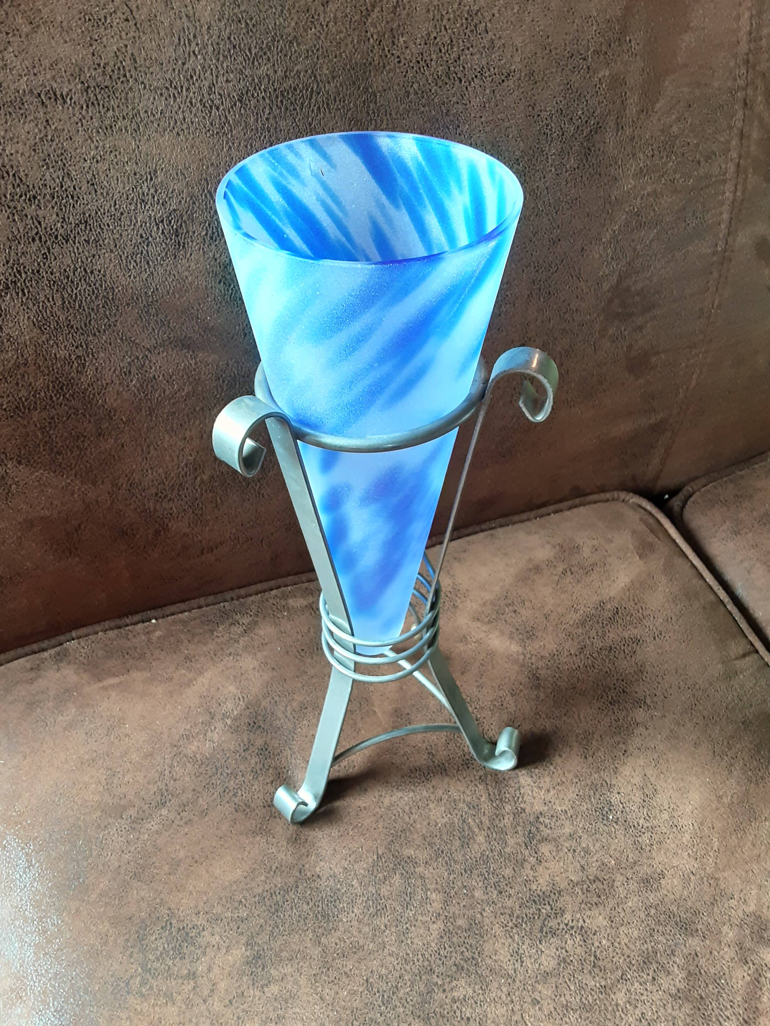 Marbled blue opaline vase on metal base