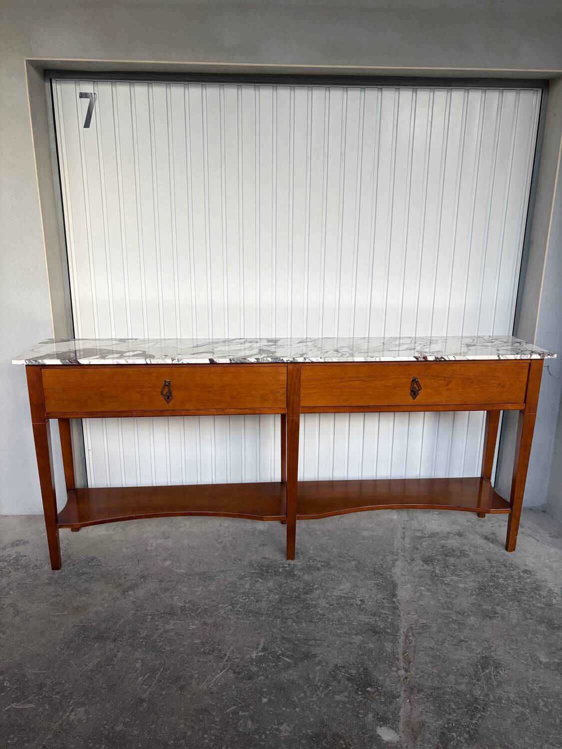 Large console in Calacatta Viola marble & solid cherry wood.