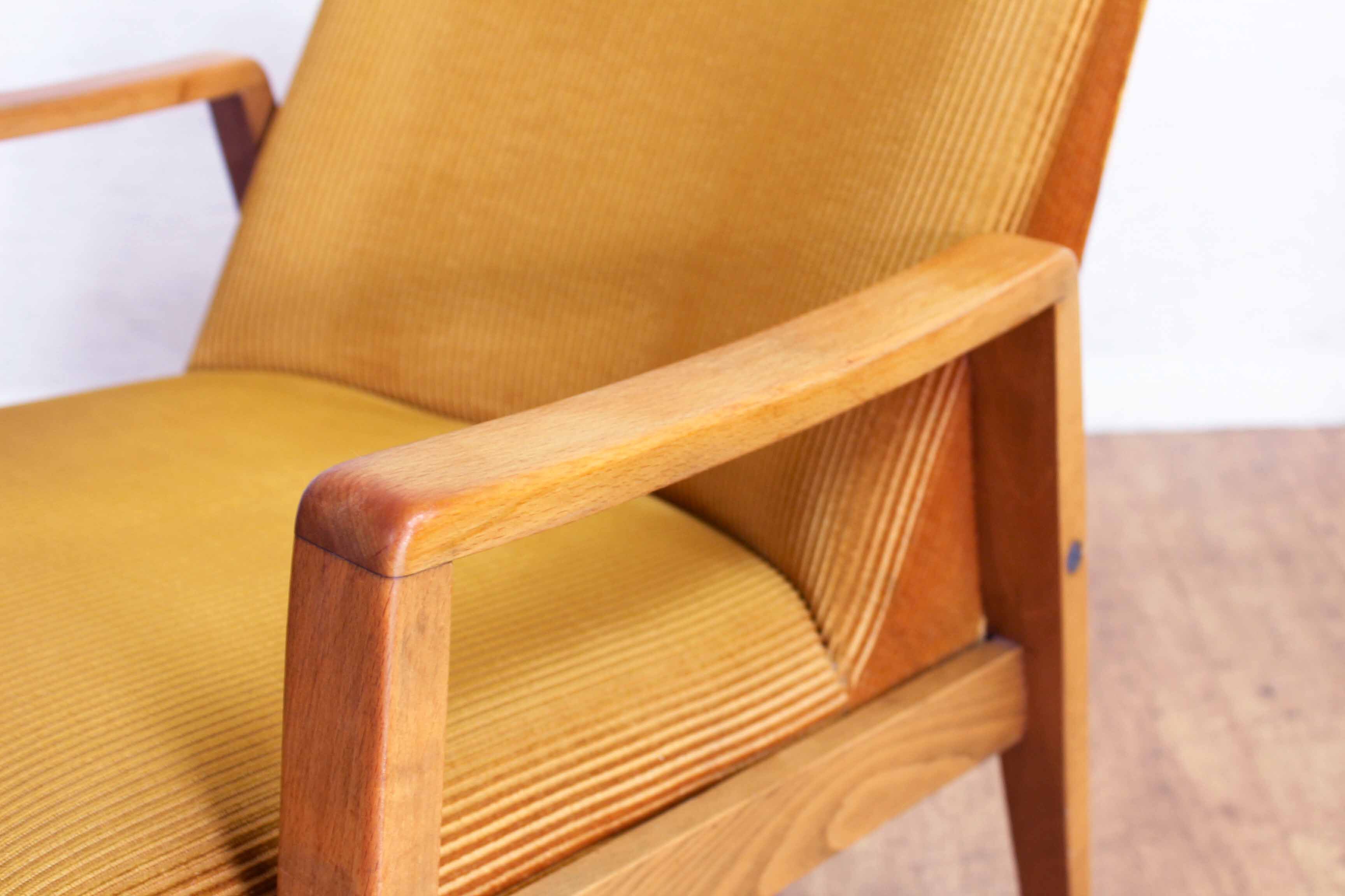 Scandinavian-designed chair in solid beech and mustard velvet
