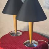 Pair of Scandinavian style bedside lamps in wood and chrome metal, electric ok, 40x25.