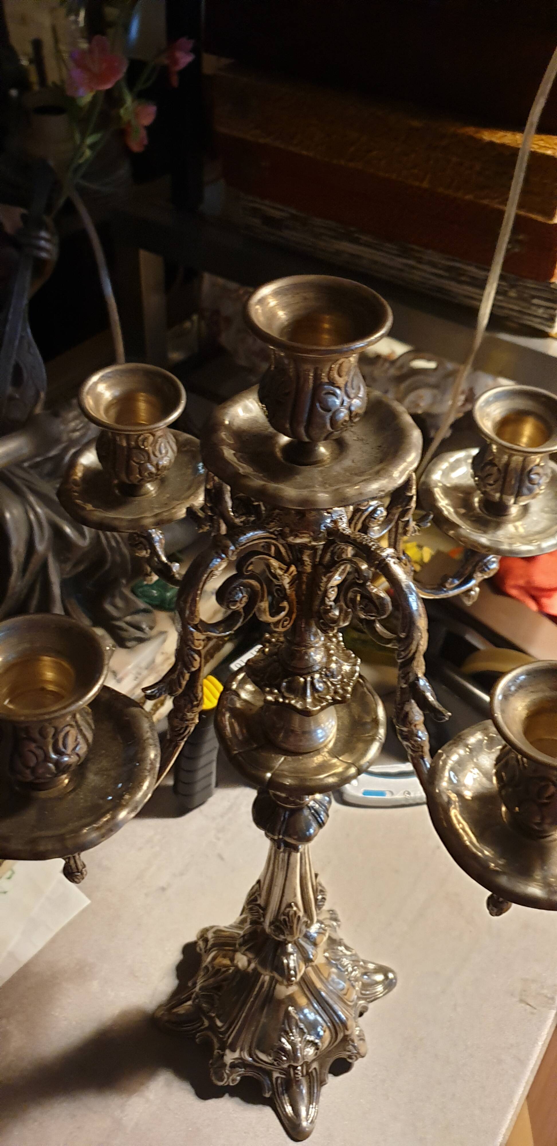 Silver metal candlestick 5 lights baroque style