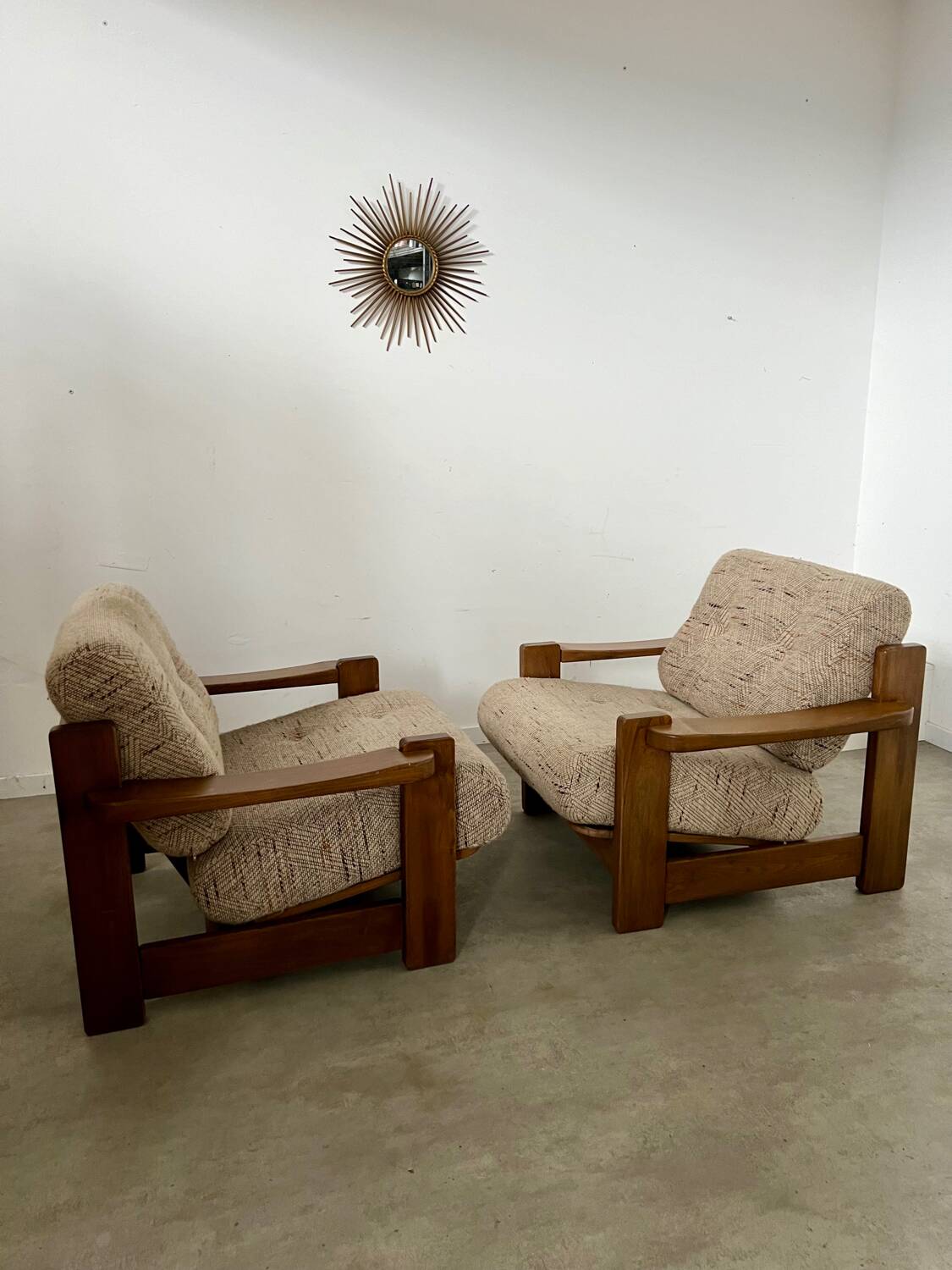 Lot of 2 solid elm armchairs, Maison Regain design, 70s vintage