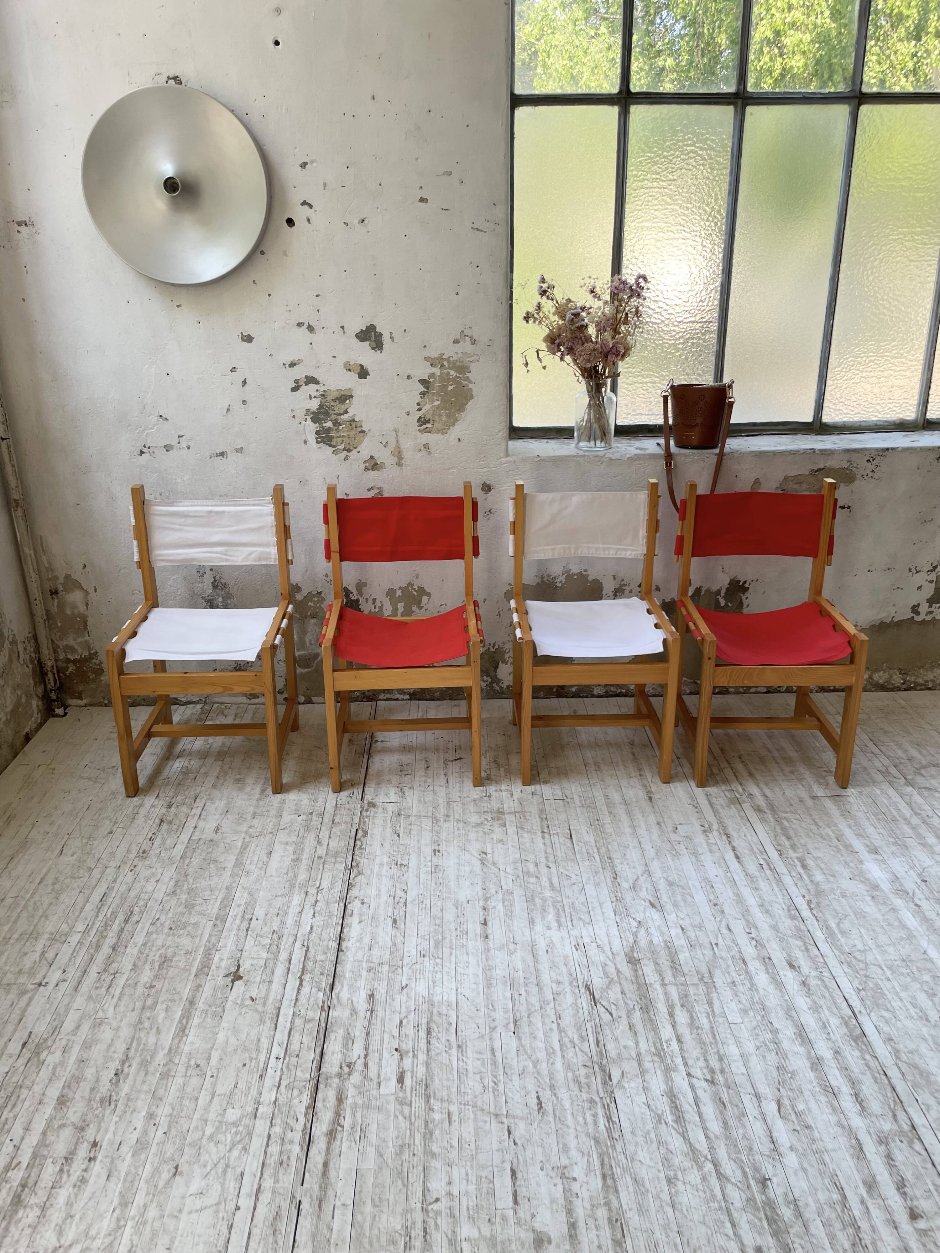 Set of 4 80s colored pine chairs