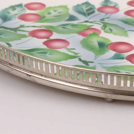 Oval Art Deco plate in earthenware and pierced metal with cherries