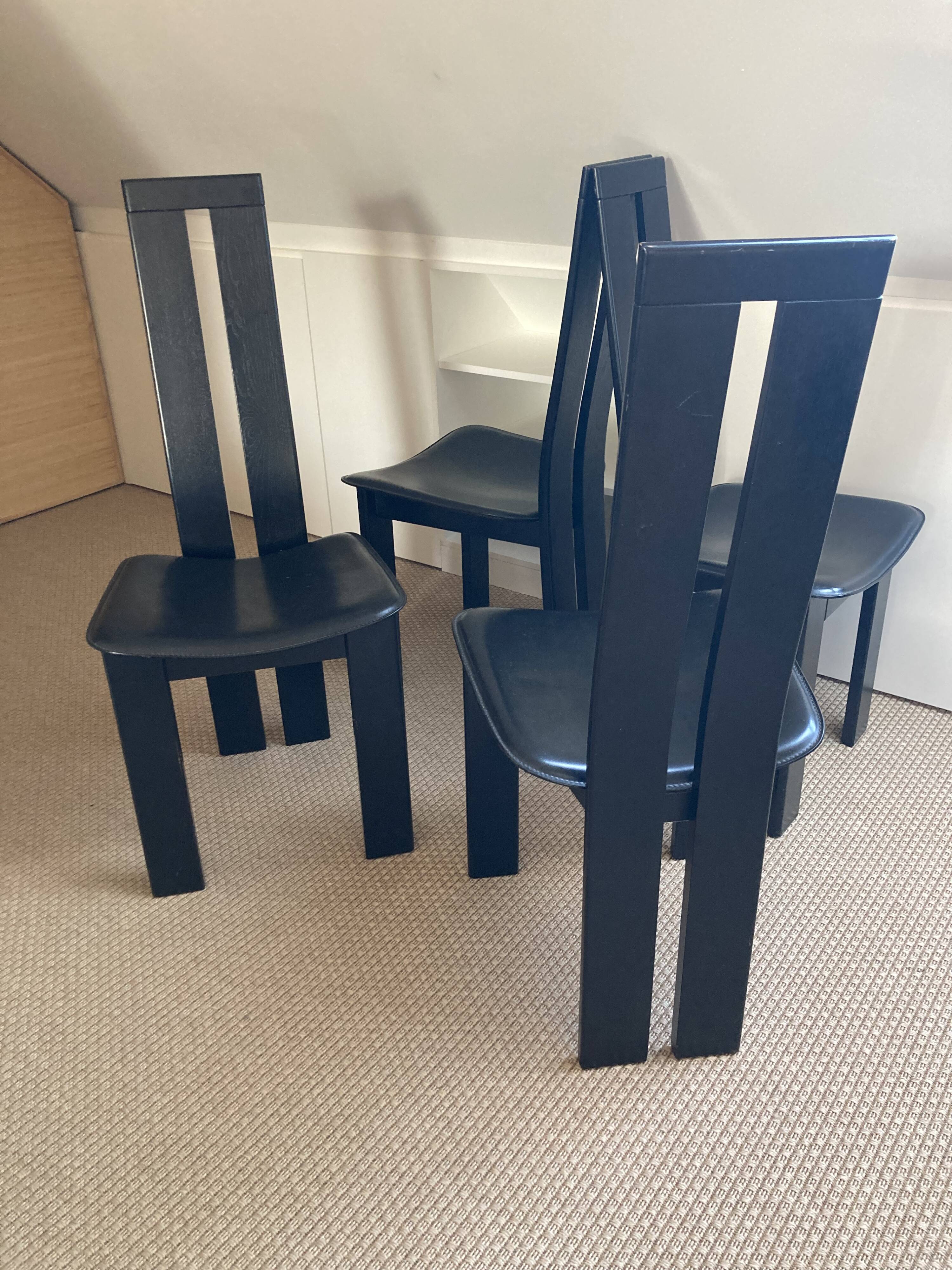 Set of 4 chairs black leather Pietro Constantini Italy 1970