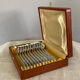 Art Deco oyster forks in punched silver metal, leatherette box
