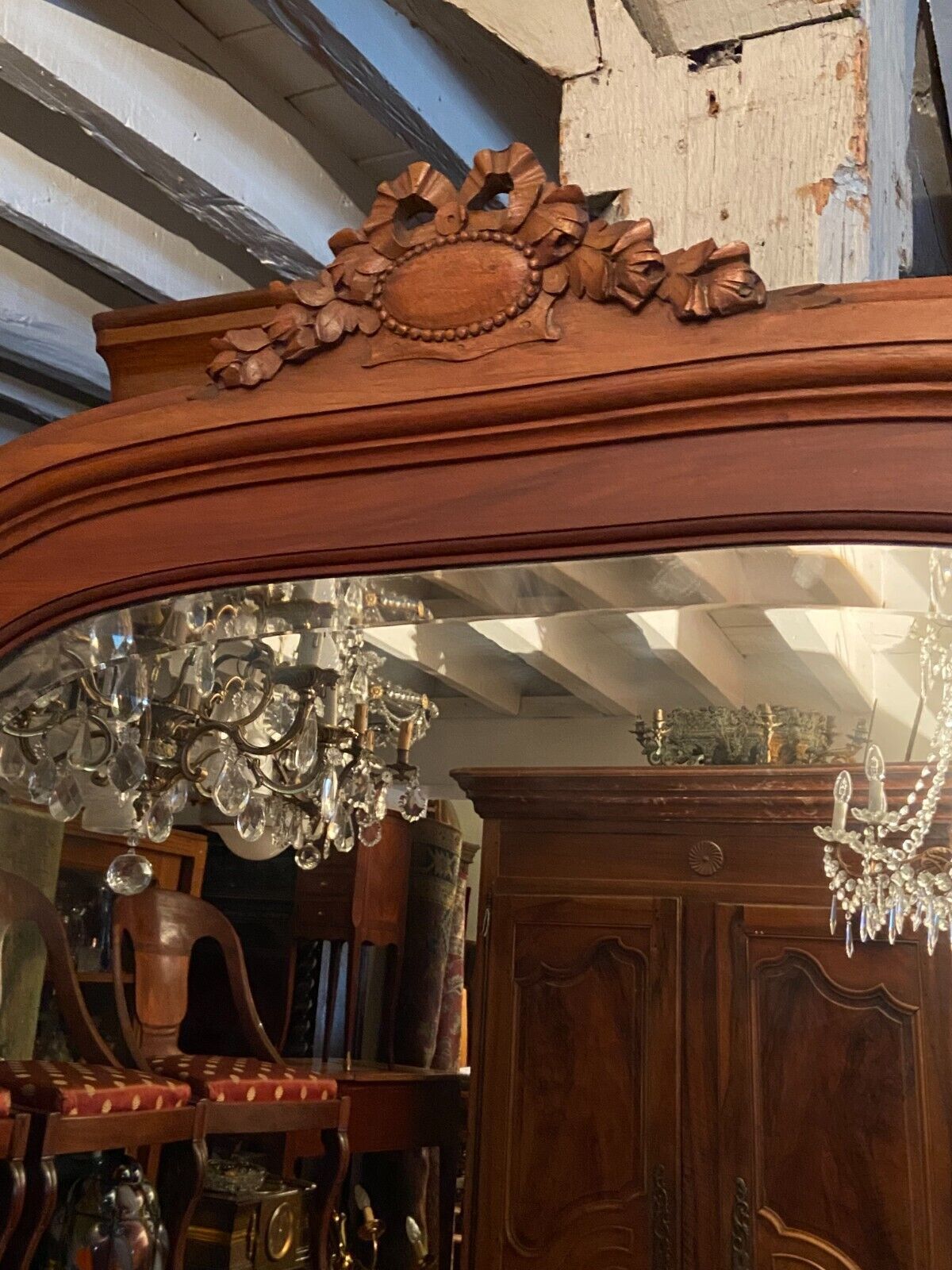 Beveled mirror trumeau fireplace glass in solid walnut Louis XVI style
