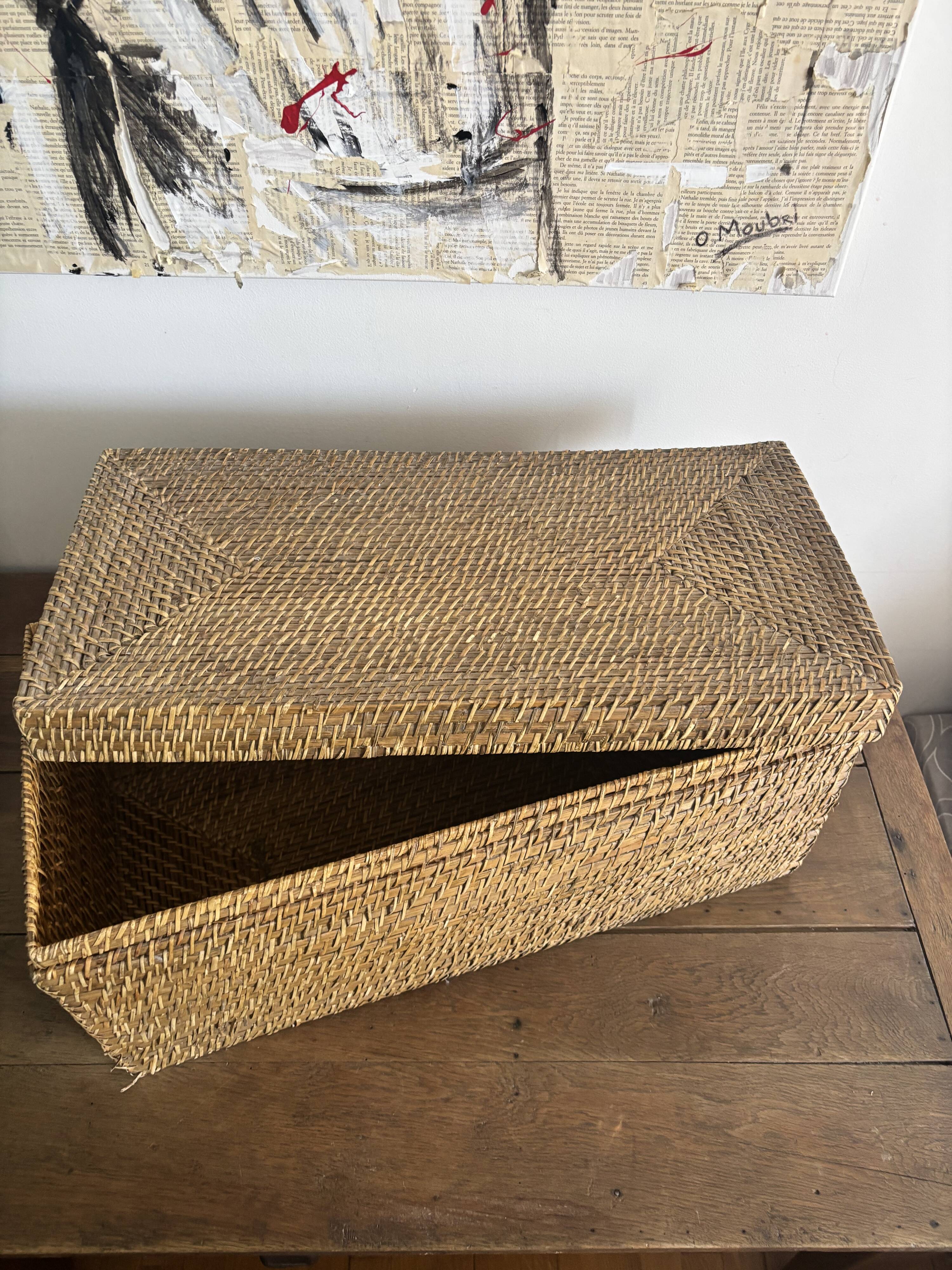 Coffre de rangement / Malle en rotin tressé vintage