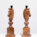 Large Horse Head Chess Knights Lamp in Carved Alabaster, taly, 1960s, Set of 2