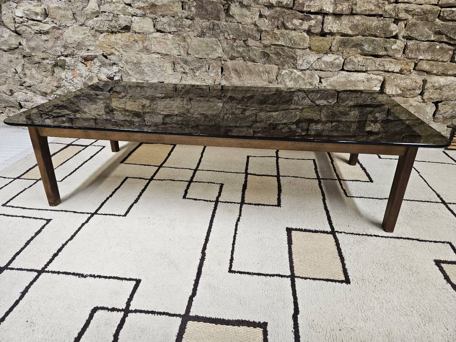 Vintage 1970s smoked glass wood coffee table