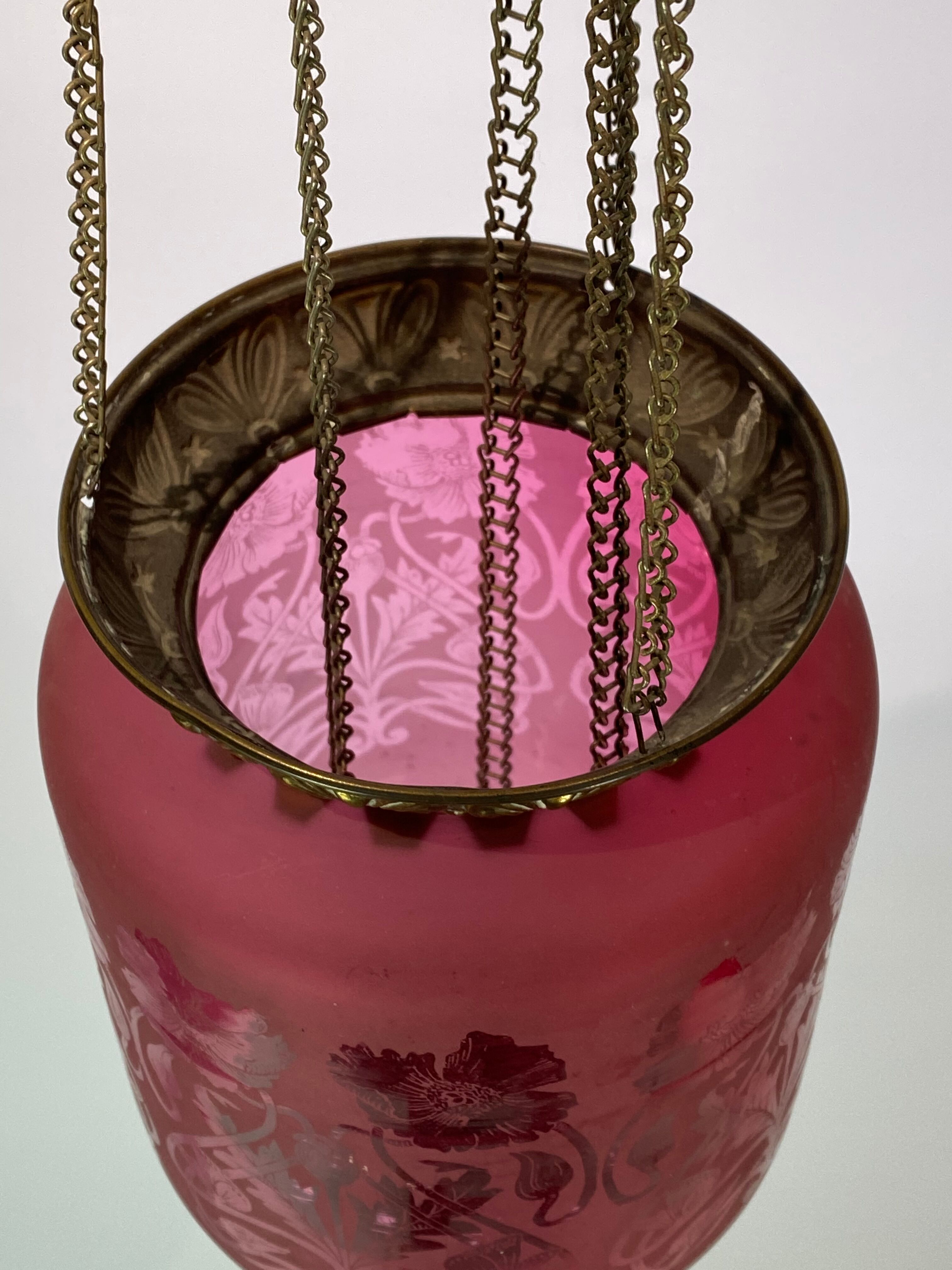 Antique pendant of pink opaline glass with brass edge by Funen's Glassworks, 1860s