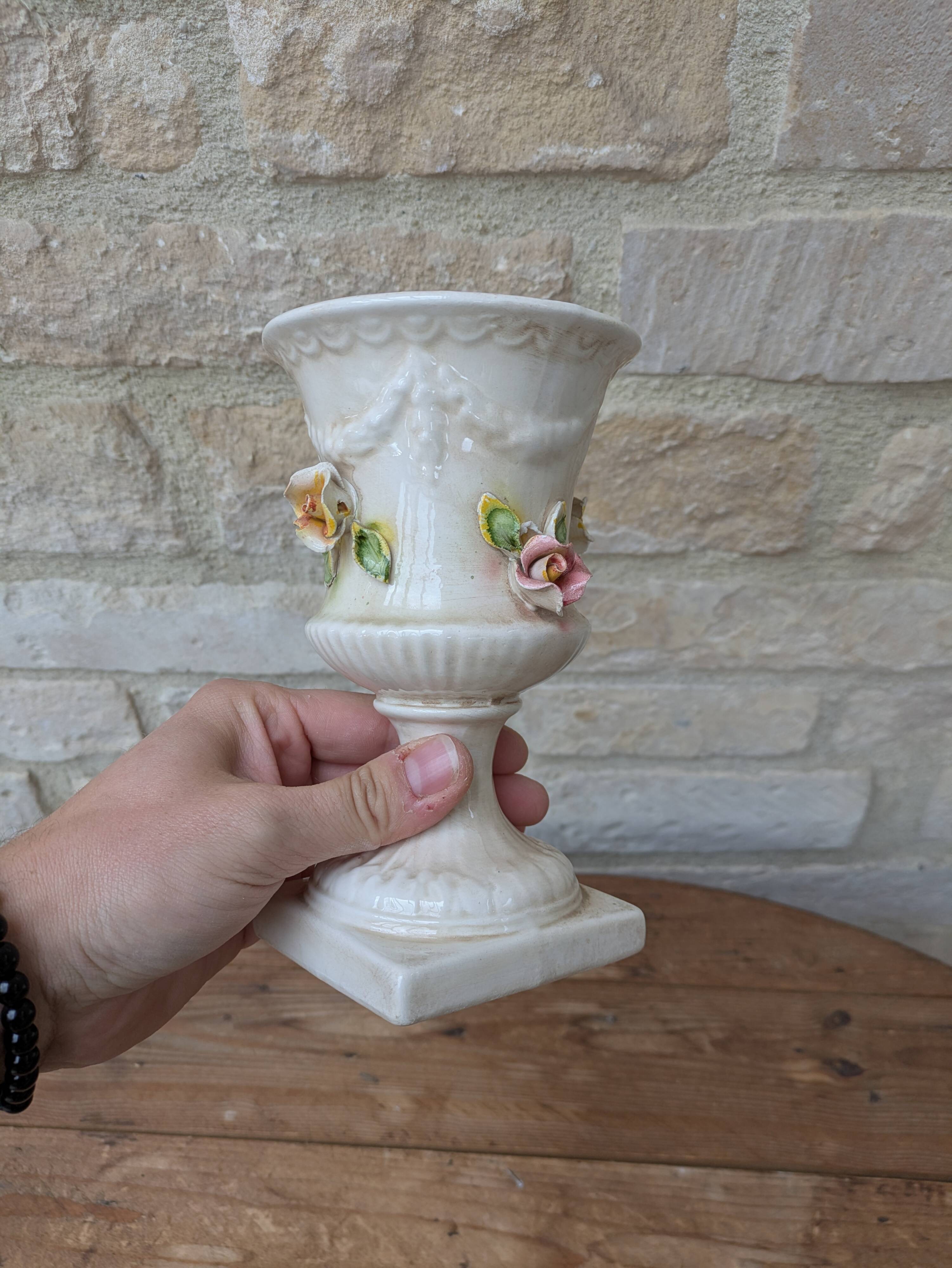 Antique Italian ceramic vase in slip style with rose decoration
