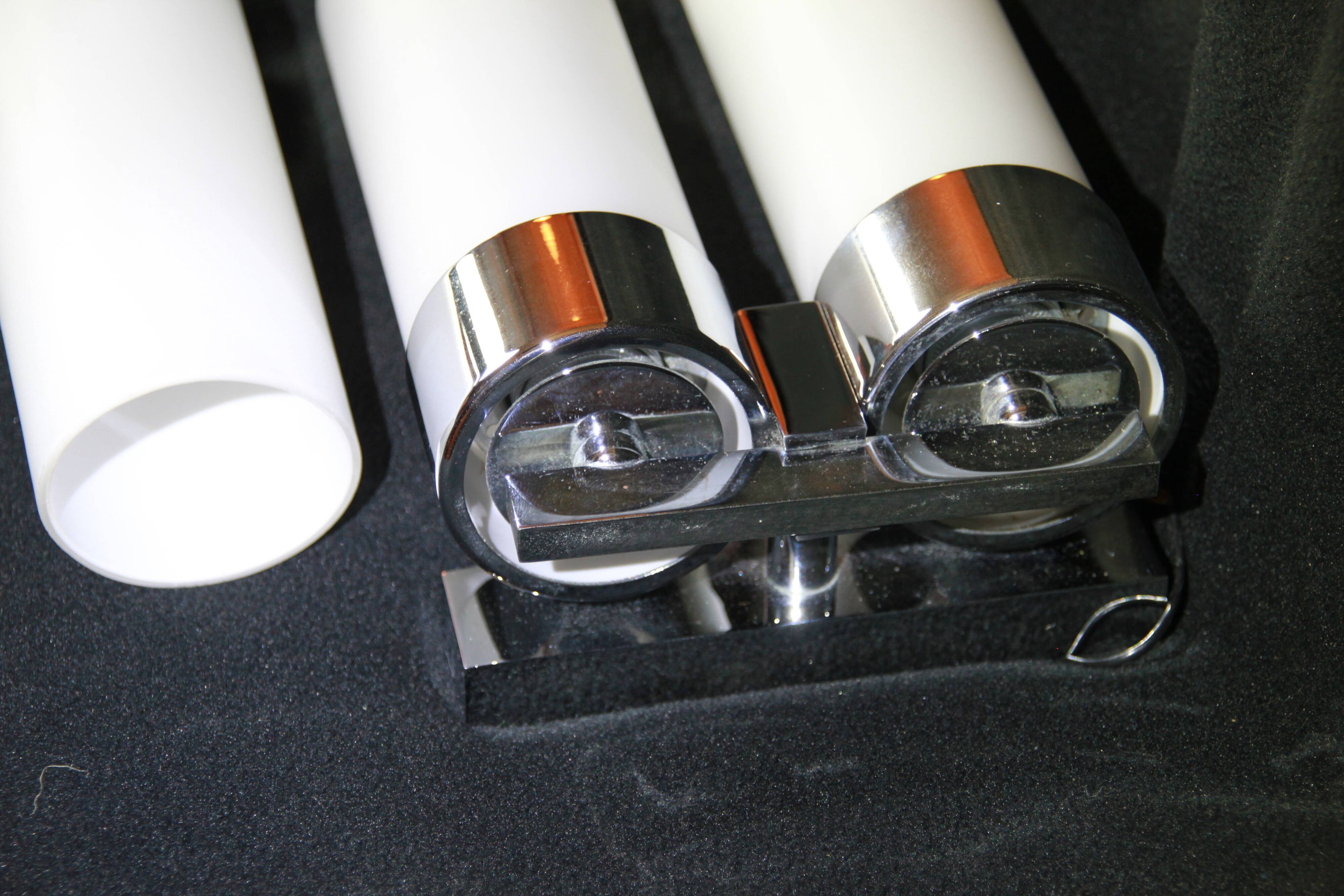 Pair of Modernist wall lights in chrome and double opaline metal, France, Mid-century.