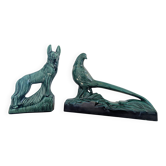 Set of green Art Deco ceramics - Large Pheasant & Shepherd Dog Vinta