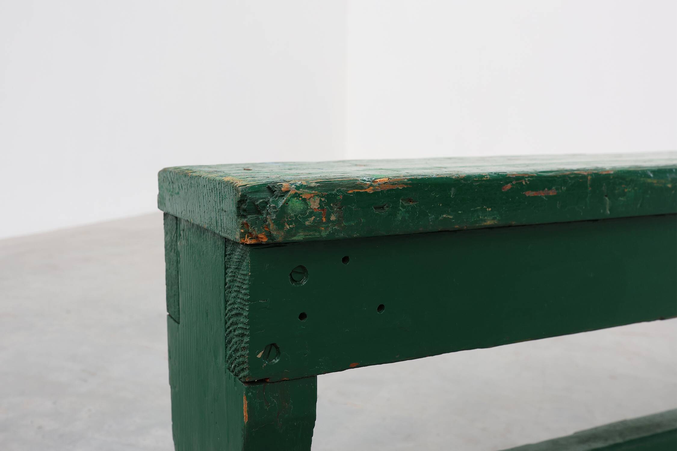 Rustic primitive green farmhouse bench in solid oak, France ca. 1900