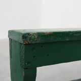 Rustic primitive green farmhouse bench in solid oak, France ca. 1900