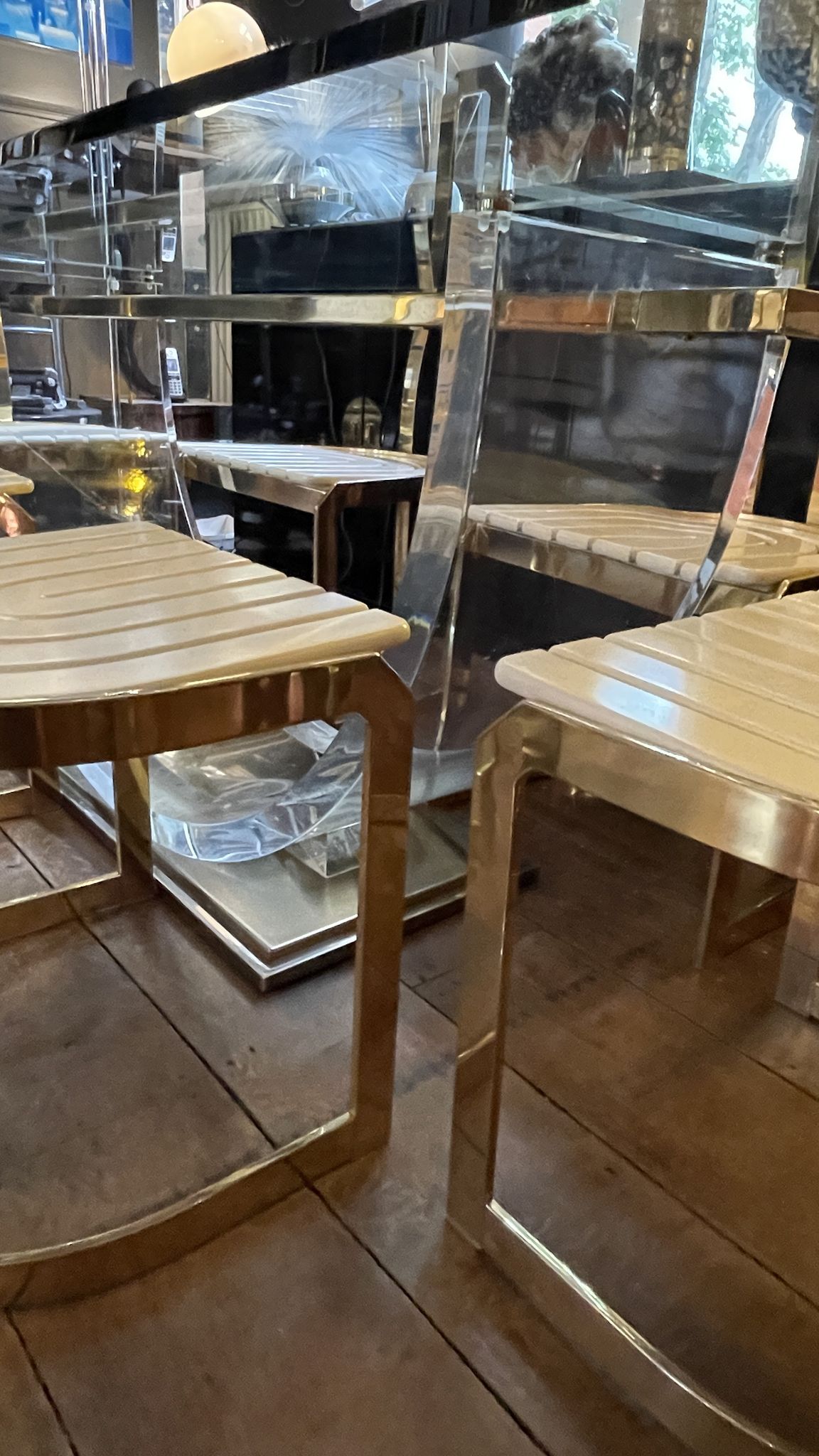Dining room table by Charles Hollis Jones, lucite & brass, hollywood regency style, ca 1970