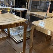 Dining room table by Charles Hollis Jones, lucite & brass, hollywood regency style, ca 1970