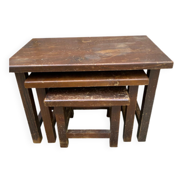 3 Rectangular Nesting Tables in Solid Wood Vintage Brutalist 1970s