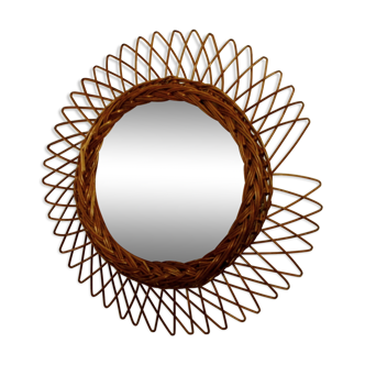 Vintage wicker rattan sun mirror 44x44cm