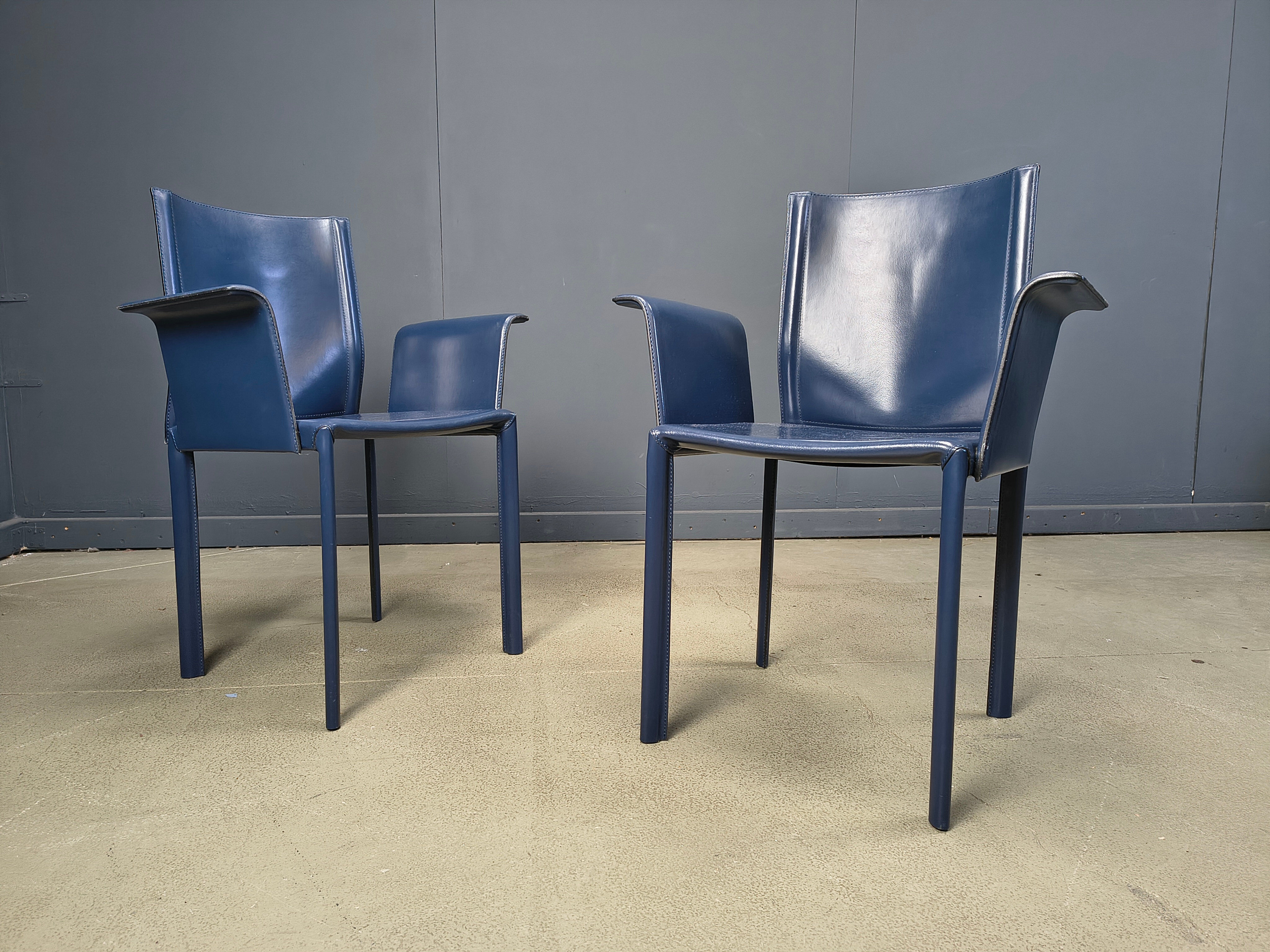 Postmodern blue leather dining chairs Italy, 1980s set of 8