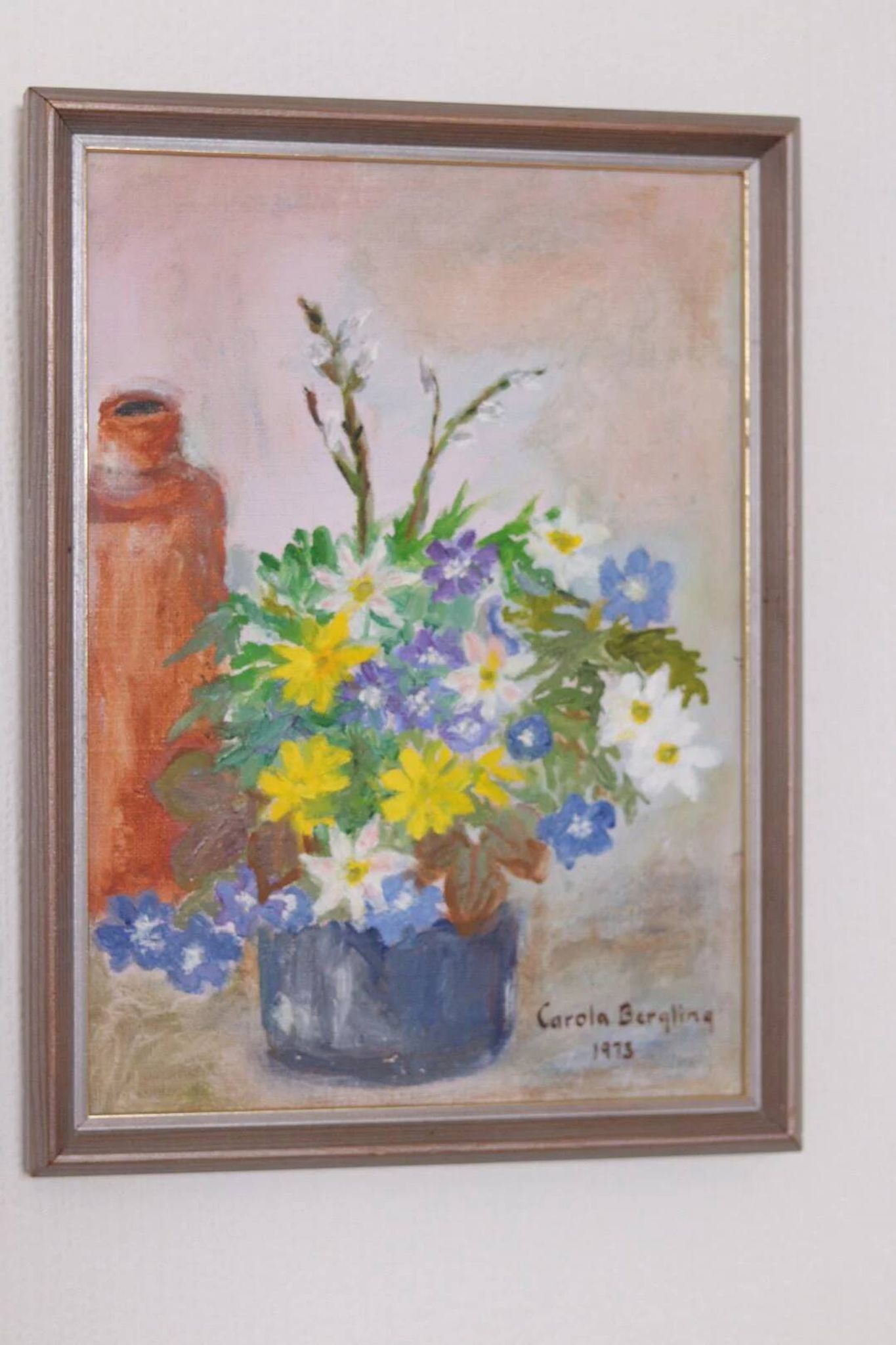 Huile sur toile originale suédoise – « Vase de fleurs » par Carola Bergling