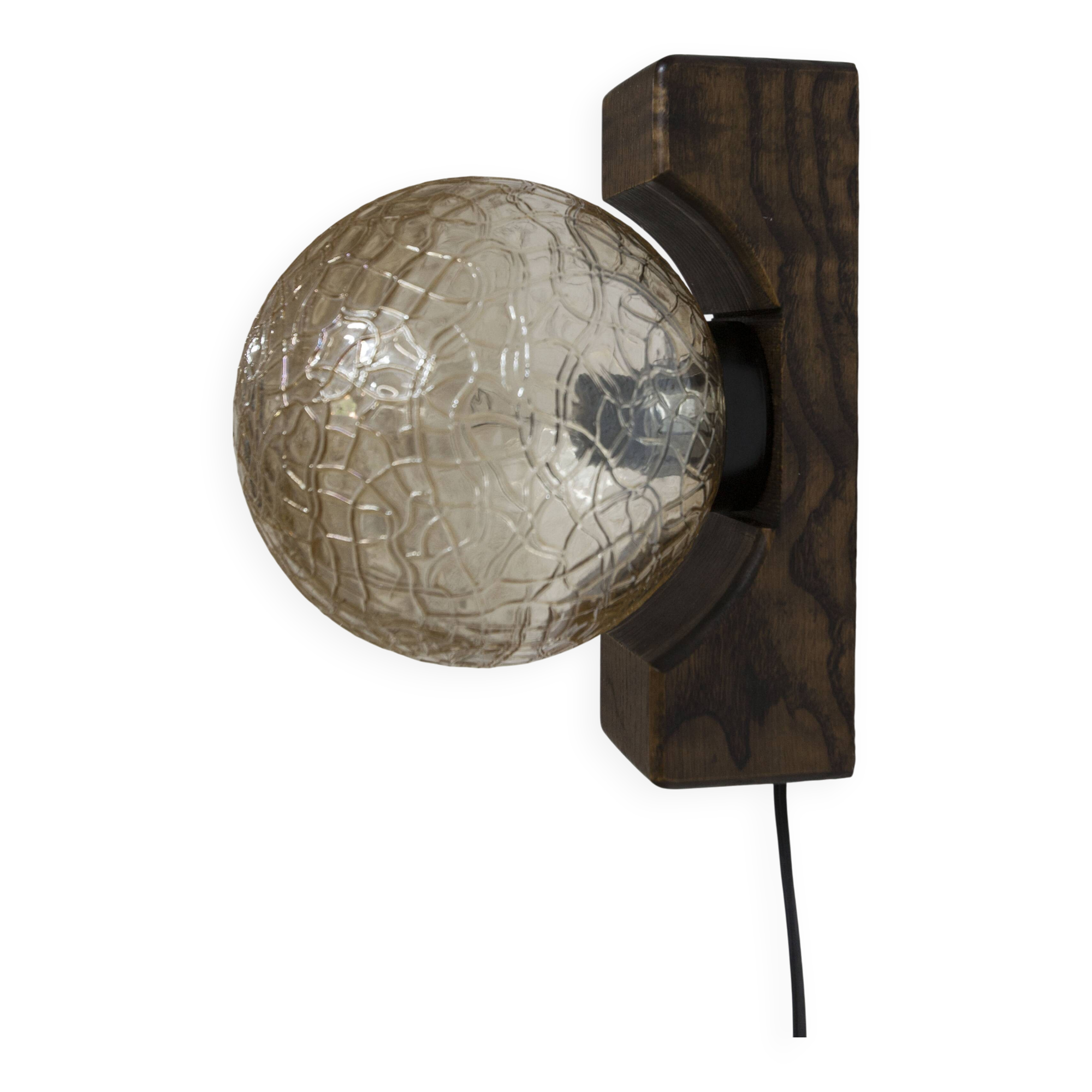 1960s ball wall light in dark wood and amber glass