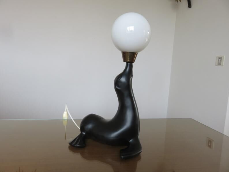 Lamp " black sea lion " white opaline ball 70s