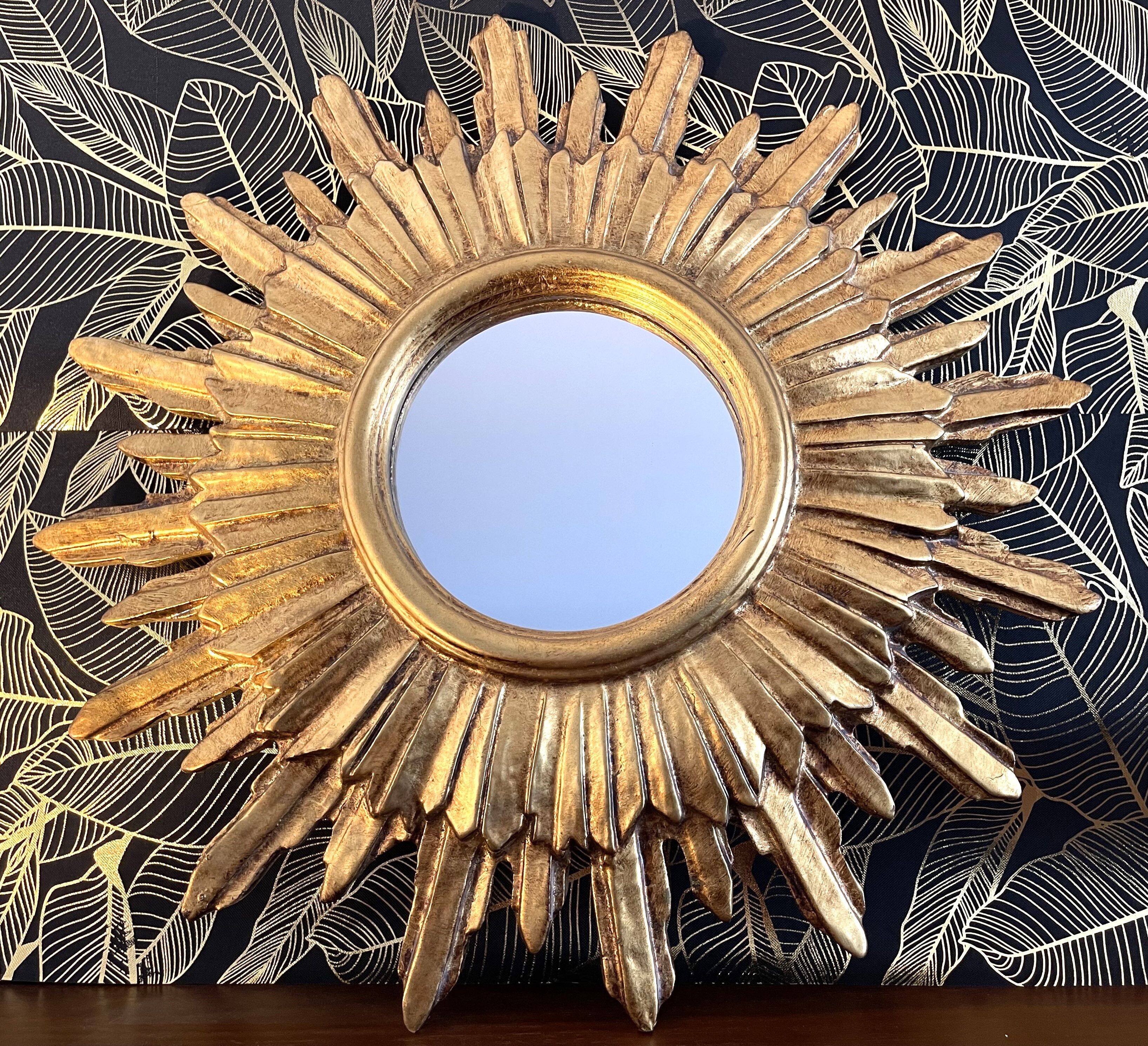 Miroir soleil bois feuille d’or 50 cm