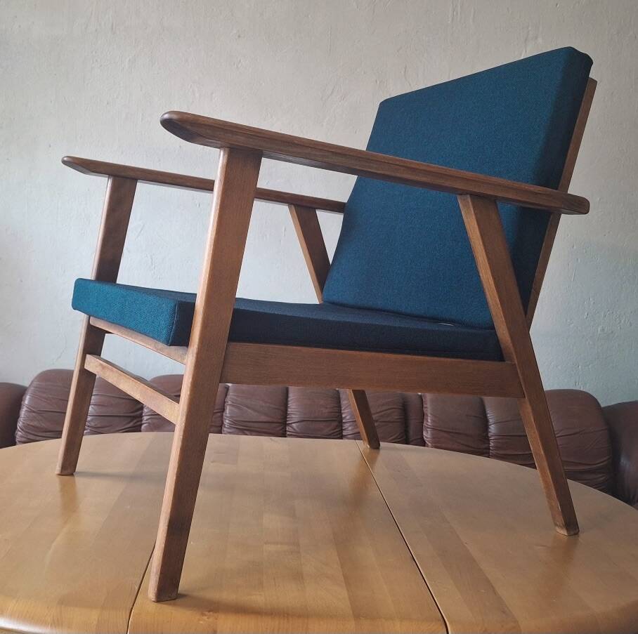 Danish teak lounge chair with sea blue-green fabric, 1960s