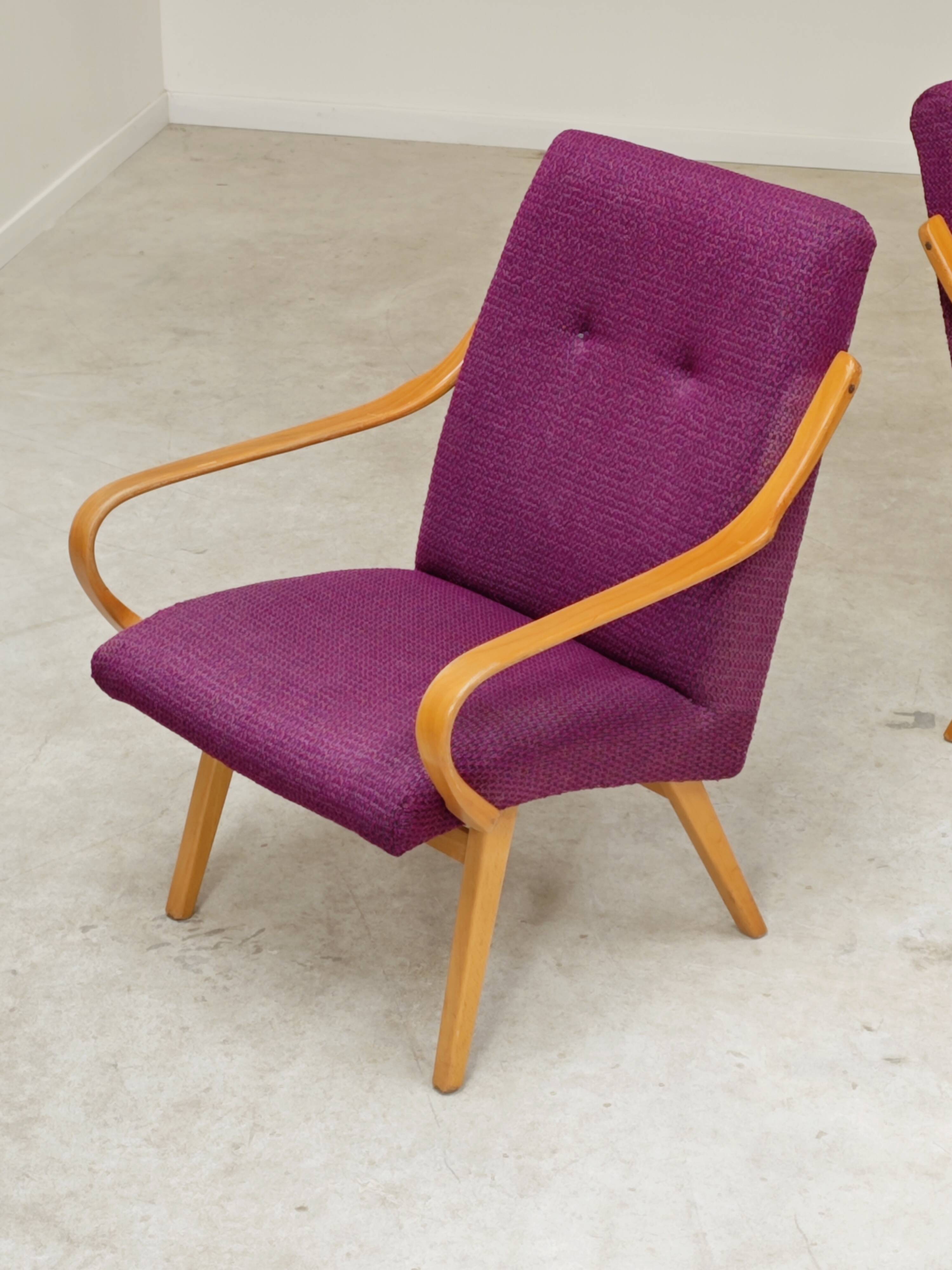 Pair of 6953 purple armchairs by Jaroslav Smidek for TON (Thonet)